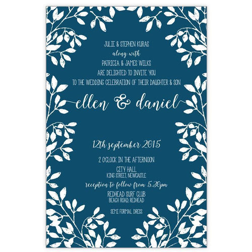 Rustic wedding invitation with leaf border printed in white ink