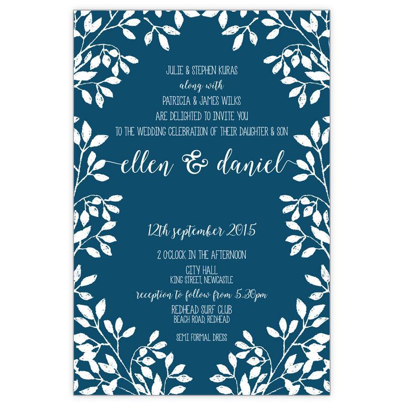 Rustic wedding invitation with leaf border printed in white ink