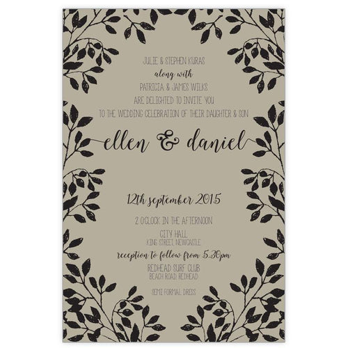 Rustic wedding invitation with leaf border.