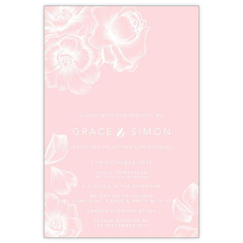 Elegant floral blush pink and white wedding invitation