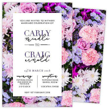 floral wedding invitation with pink & purple flowers