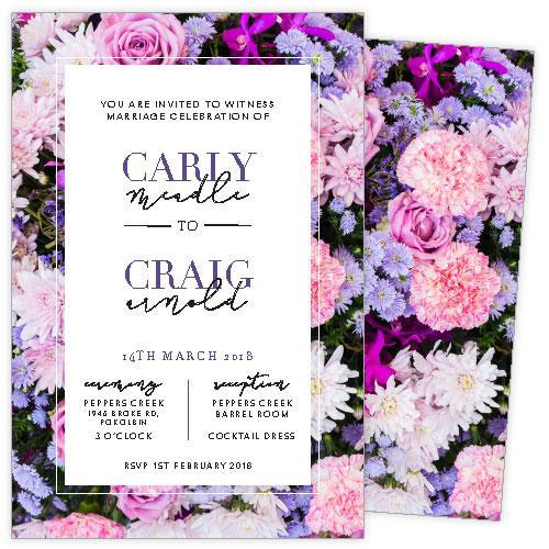 floral wedding invitation with pink & purple flowers
