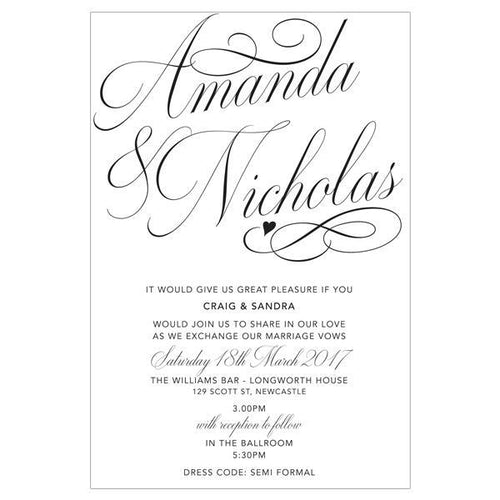 Classic swirl wedding invitation design features small heart.