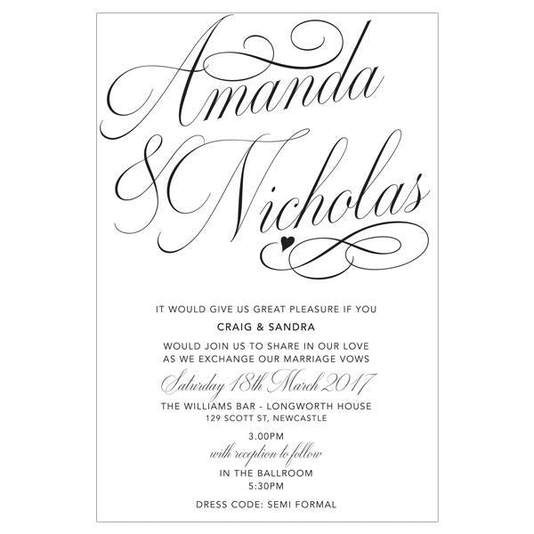 Classic swirl wedding invitation design features small heart.