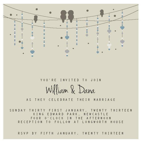 Wedding invitation design featuring birds on wire.