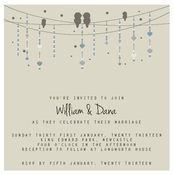 Wedding invitation design featuring birds on wire.