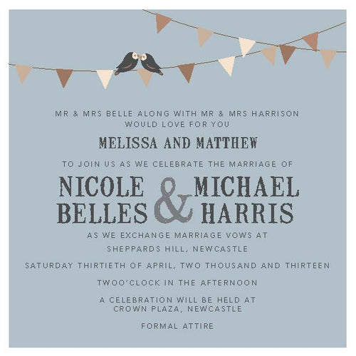 Wedding invitation design featuring birds on wire.