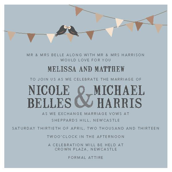 Wedding invitation design featuring birds on wire.