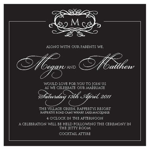 Classic wedding invitation design in black with monogram.