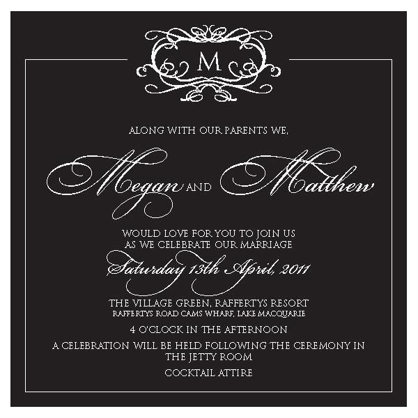 Classic wedding invitation design in black with monogram.