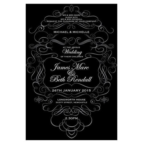Classic swirl wedding invitation design white ink printing