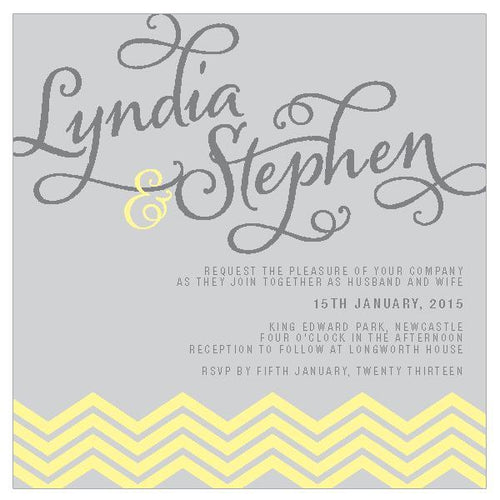 Classic wedding invitation design with chevron pattern.