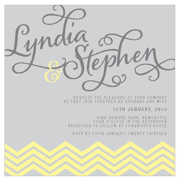 Classic wedding invitation design with chevron pattern.