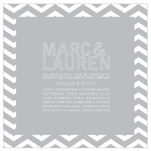 Classic wedding invitation design with chevron pattern.
