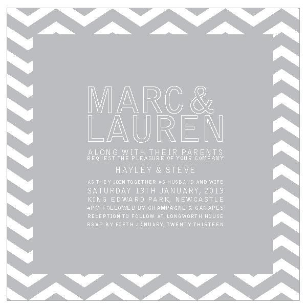 Classic wedding invitation design with chevron pattern.