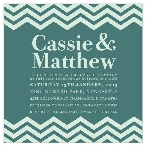 Classic wedding invitation design with chevron pattern.