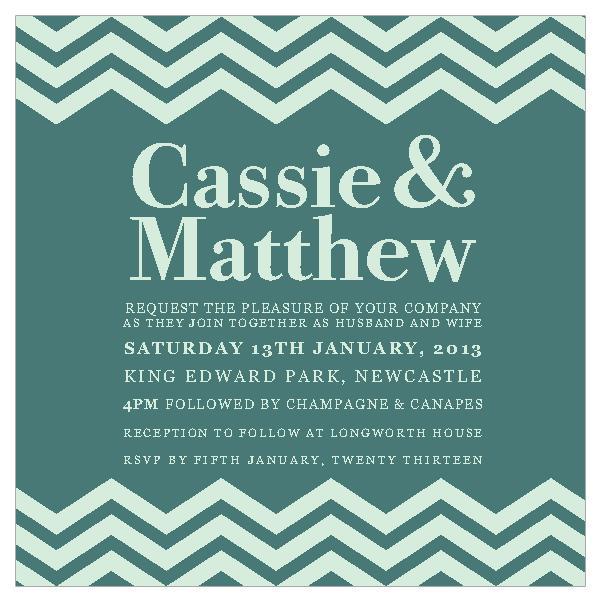 Classic wedding invitation design with chevron pattern.
