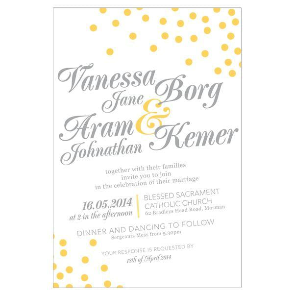 Yellow and grey confetti wedding invitation