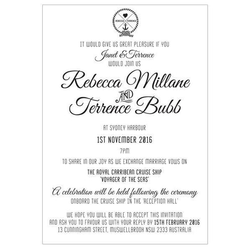 Classic nautical wedding invitation design featuring ship knot and anchor.