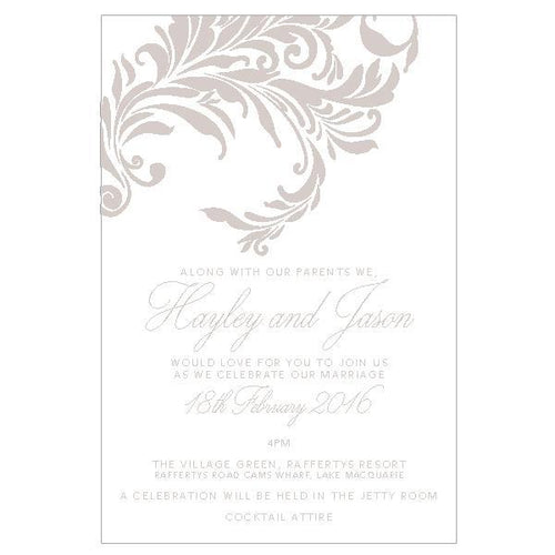 Wedding invitation design featuring filigree pattern.