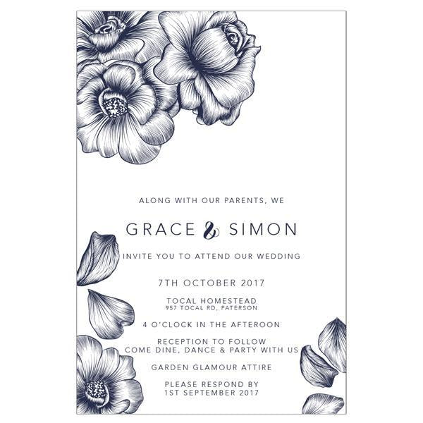 Wedding invitation design featuring bursts of flowers.