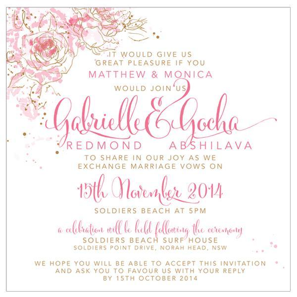 Beautiful pink and gold wedding invitation design featuring roses.