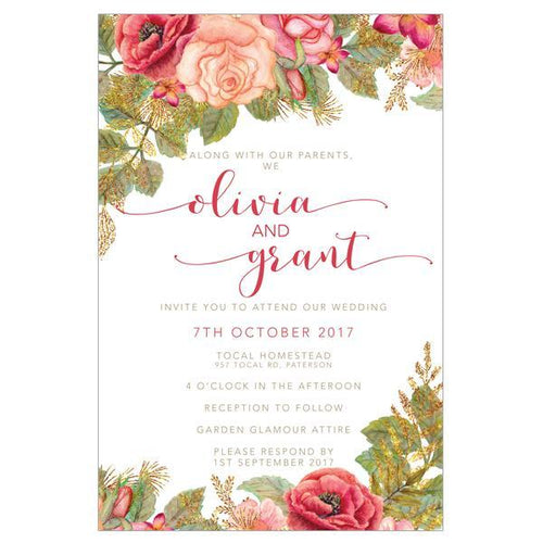 Beautiful floral Wedding invitation design with orange and red flowers