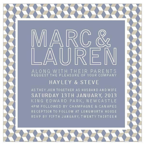 Classic wedding invitation design featuring geometric pattern.