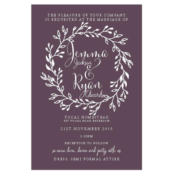 rustic wreath wedding invitation printed in white ink