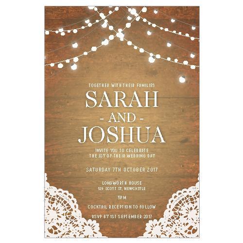 Rustic looking Wedding invitation featuring party lights