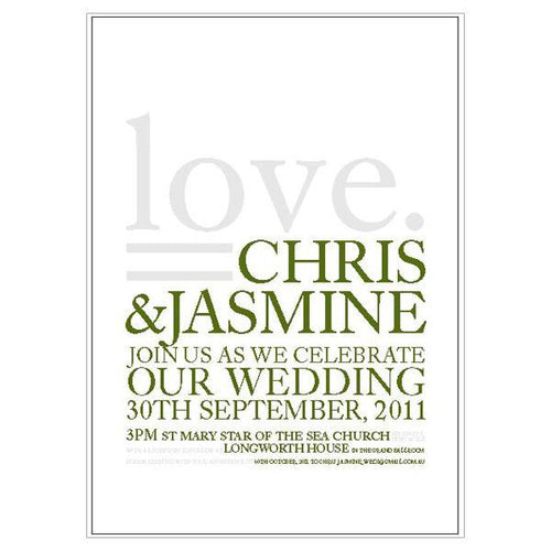 Simple wedding invitation design featuring the word 'love'.